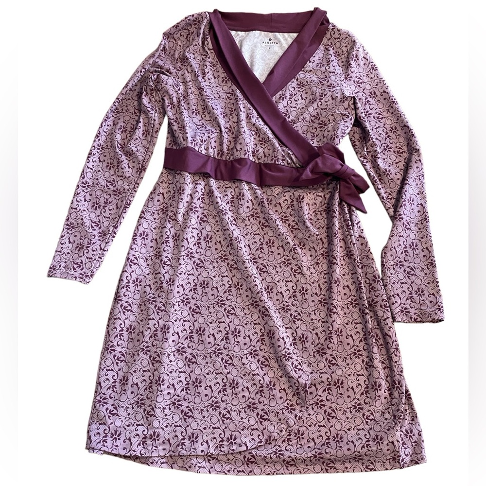 ATHLETA Burgundy Large Scroll Print WELLINGTON Shawl Collar Faux Wrap Dress